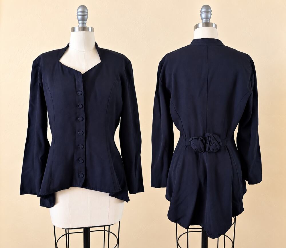 Vintage Studio I Black Architectural Peplum Blazer Rosette Jacket Size 6